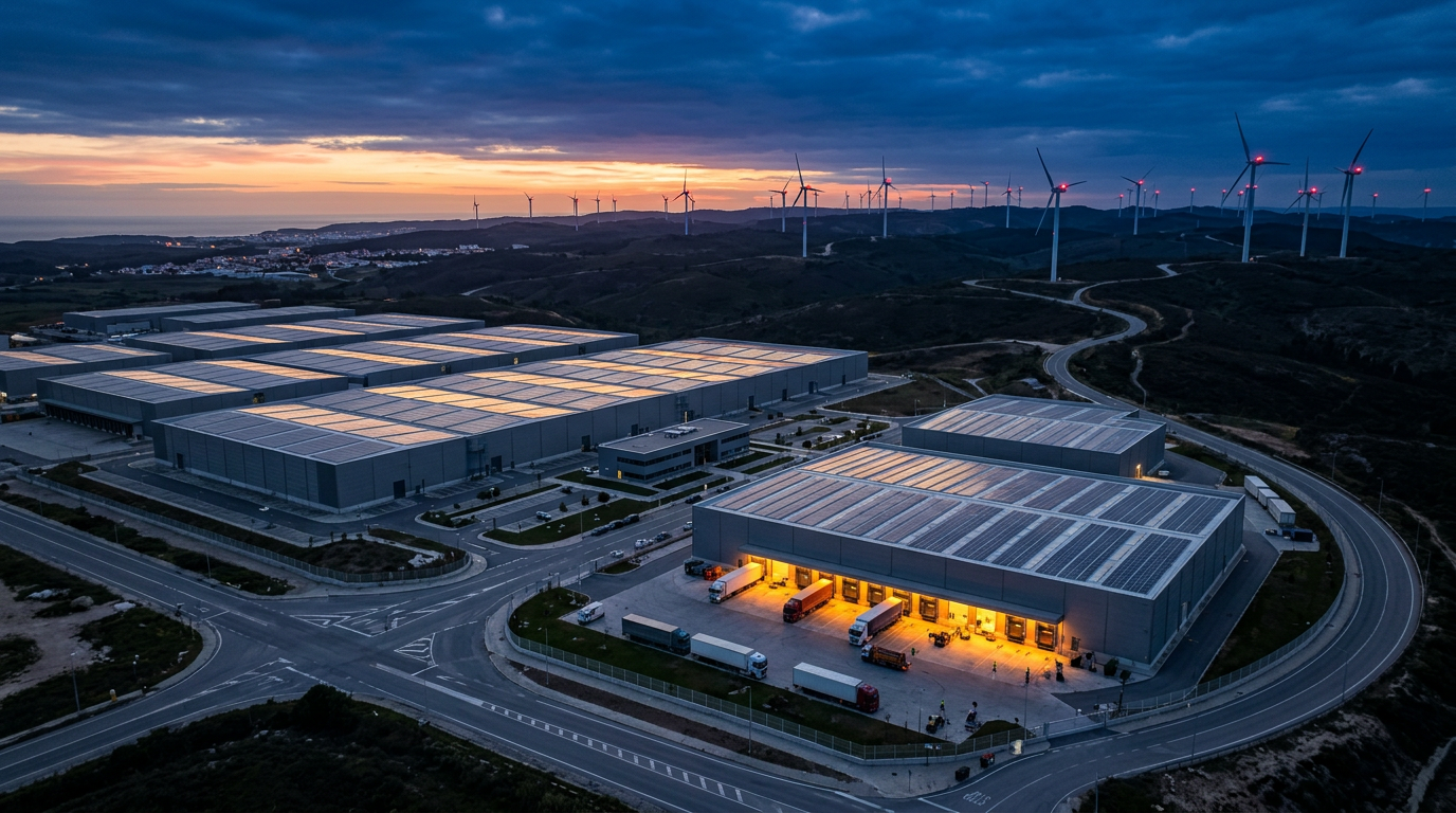 Parque industrial ao anoitecer